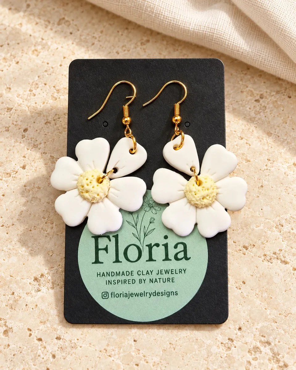 White daisy drop earrings with yellow centres, handmade by Floria